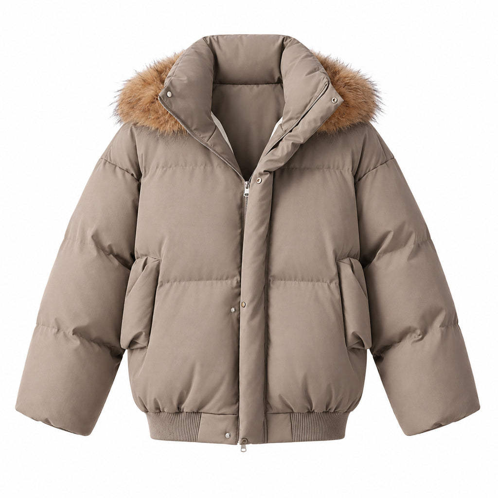 Men's Detachable Faux-Fur Hood PU Puffer Jacket in brown - product view