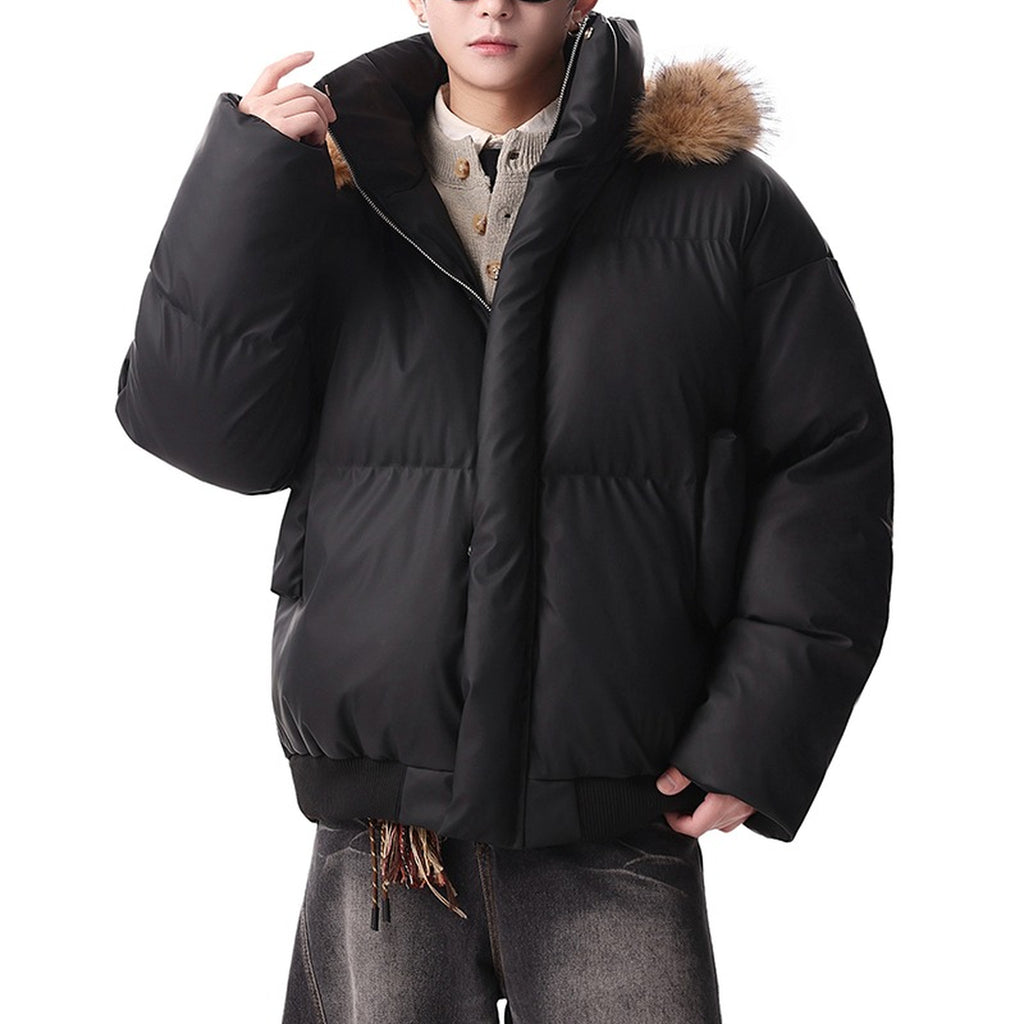 Men's Detachable Faux-Fur Hood PU Puffer Jacket - original product reference 1