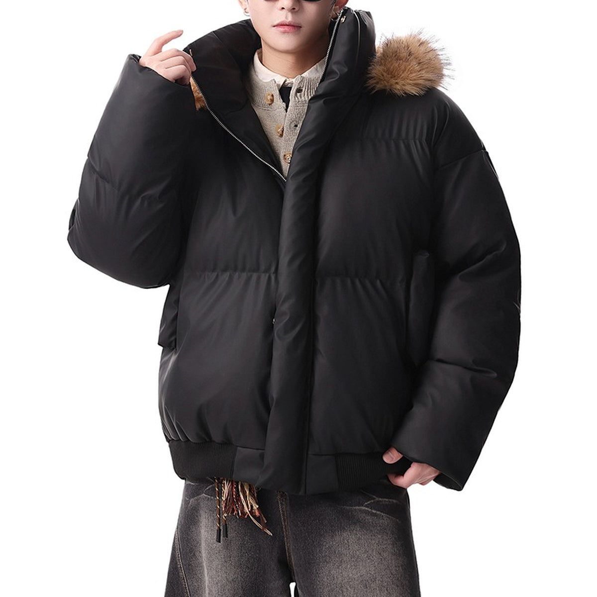 Men's Detachable Faux-Fur Hood PU Puffer Jacket - original product reference 1