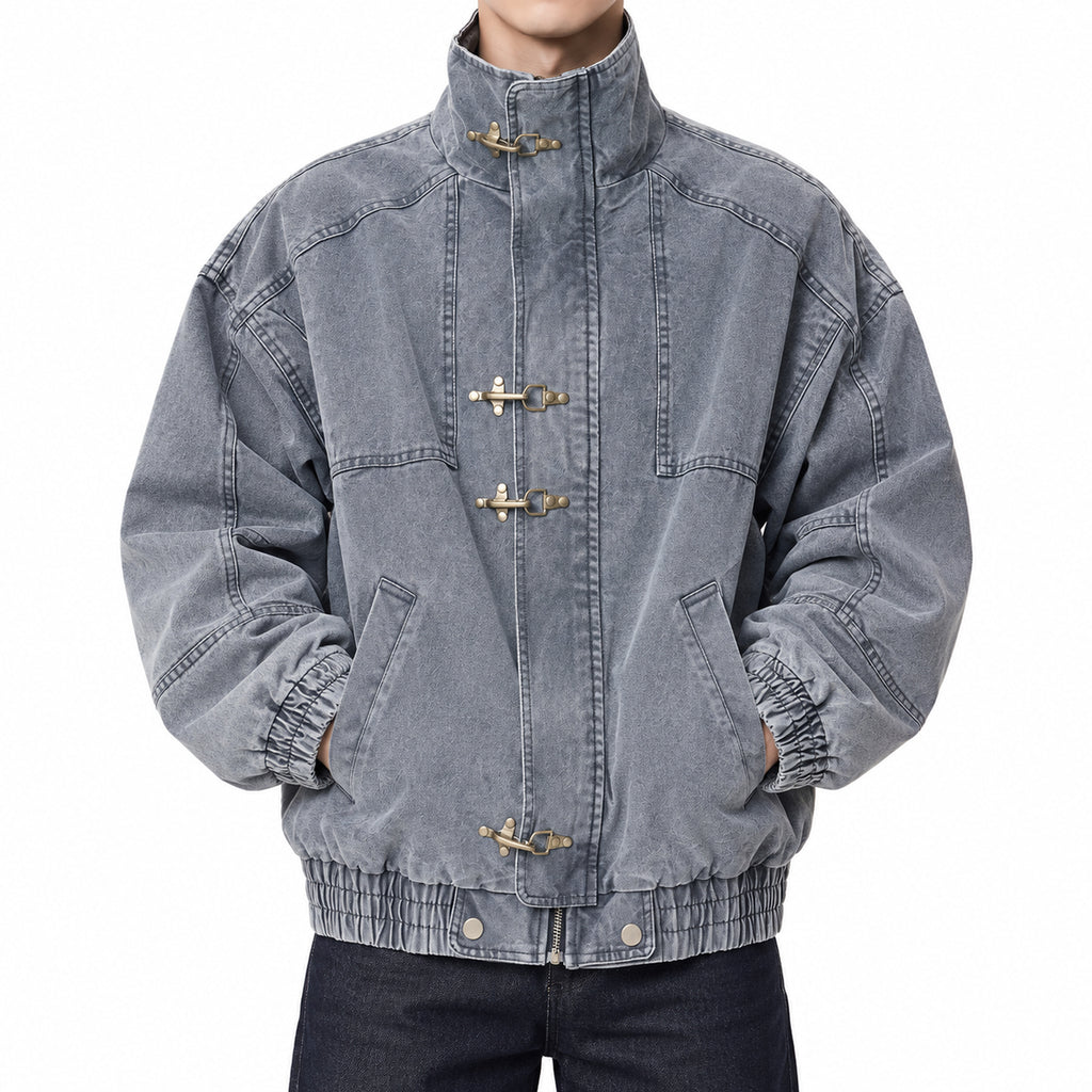 Men's Distressed Deconstructed Toggle Denim Jacket in gray - worn view