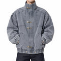Men's Distressed Deconstructed Toggle Denim Jacket in gray - worn view