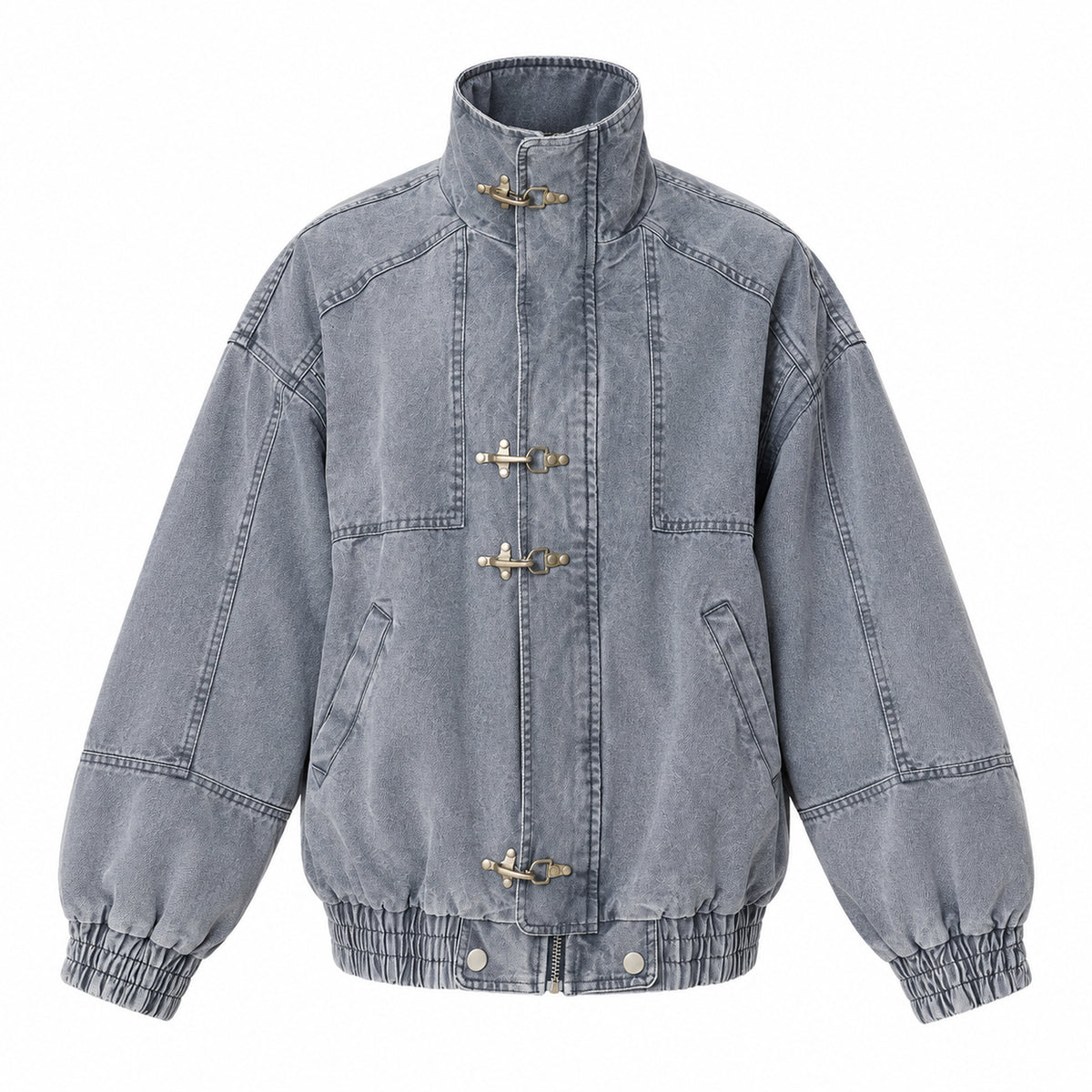 Men's Distressed Deconstructed Toggle Denim Jacket in gray - product view