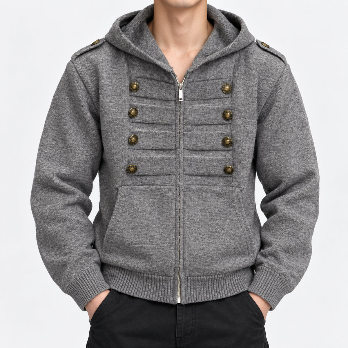 Men's Double-Breasted Hooded Zip Cardigan in gray - worn view