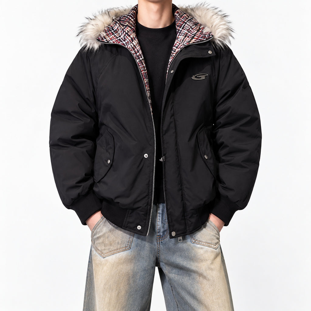 Men's Faux-Fur Hooded Puffer Parka in black - worn view