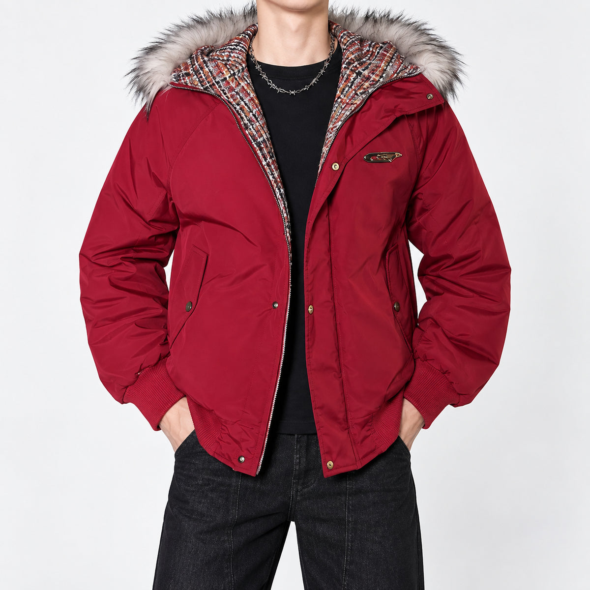 Men's Faux-Fur Hooded Puffer Parka in red - worn view