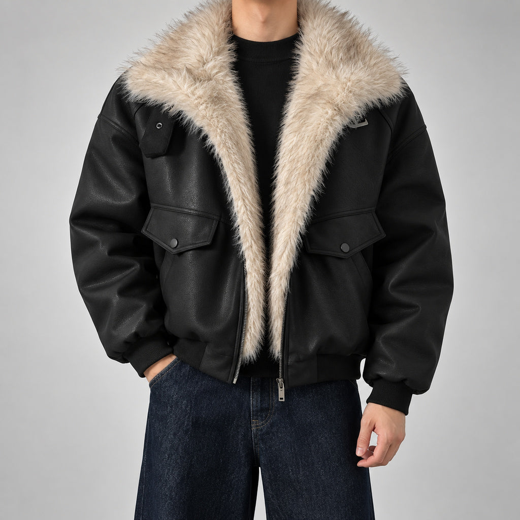 Men's Faux-Leather Shearling-Trim Puffer Jacket in black - worn view