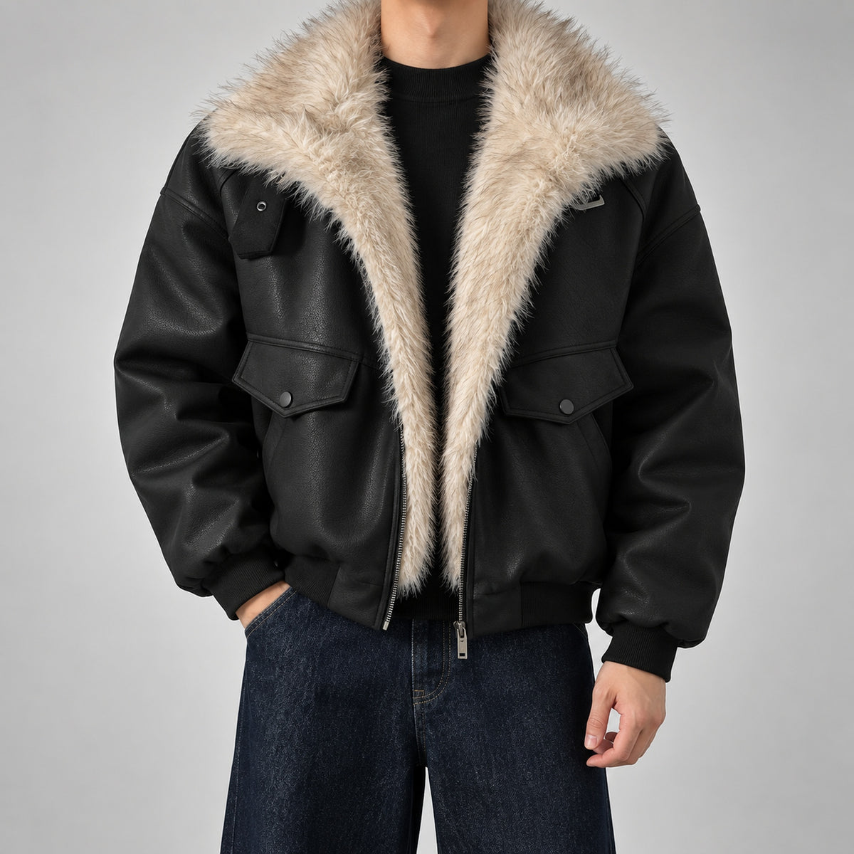 Men's Faux-Leather Shearling-Trim Puffer Jacket in black - worn view