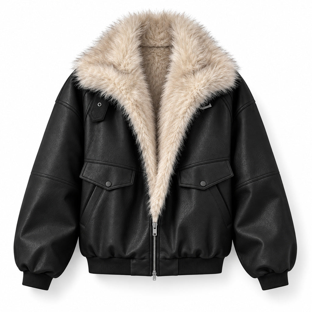 Men's Faux-Leather Shearling-Trim Puffer Jacket in black - product view