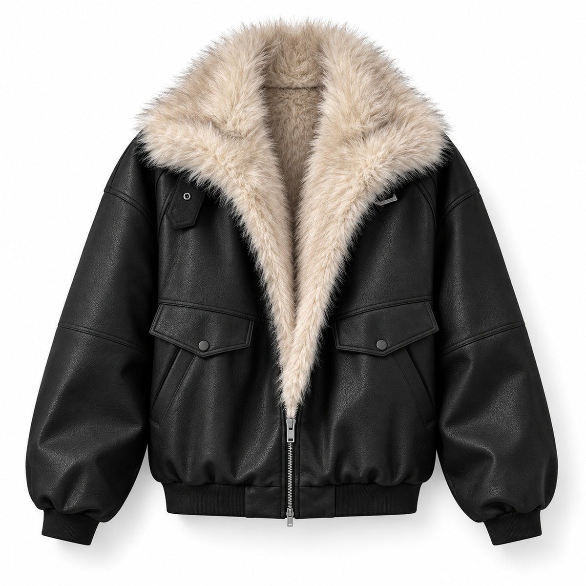 Men's Faux-Leather Shearling-Trim Puffer Jacket in black - product view