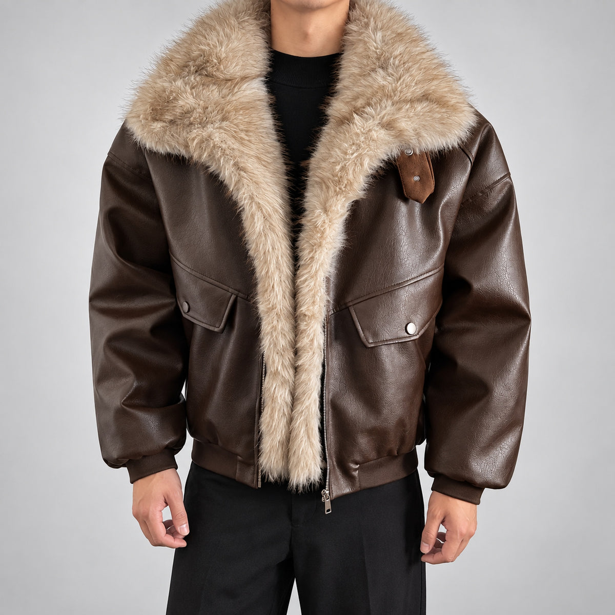 Men's Faux-Leather Shearling-Trim Puffer Jacket in brown - worn view