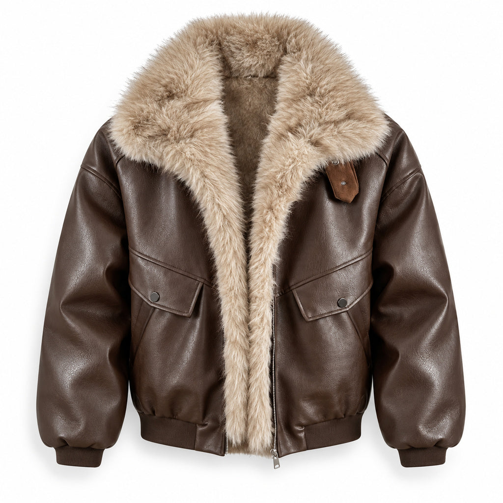 Men's Faux-Leather Shearling-Trim Puffer Jacket in brown - product view