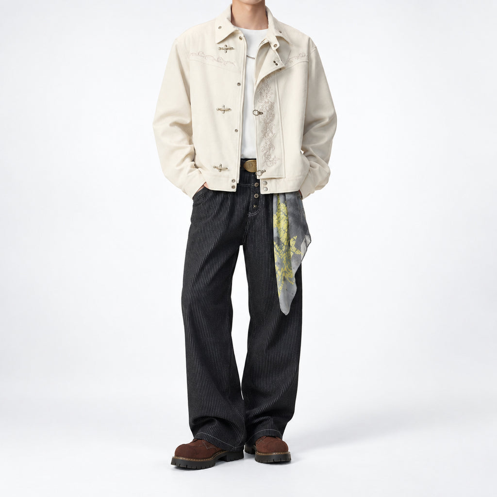 Men's Floral-Embroidered Toggle Jacket in cream - worn view