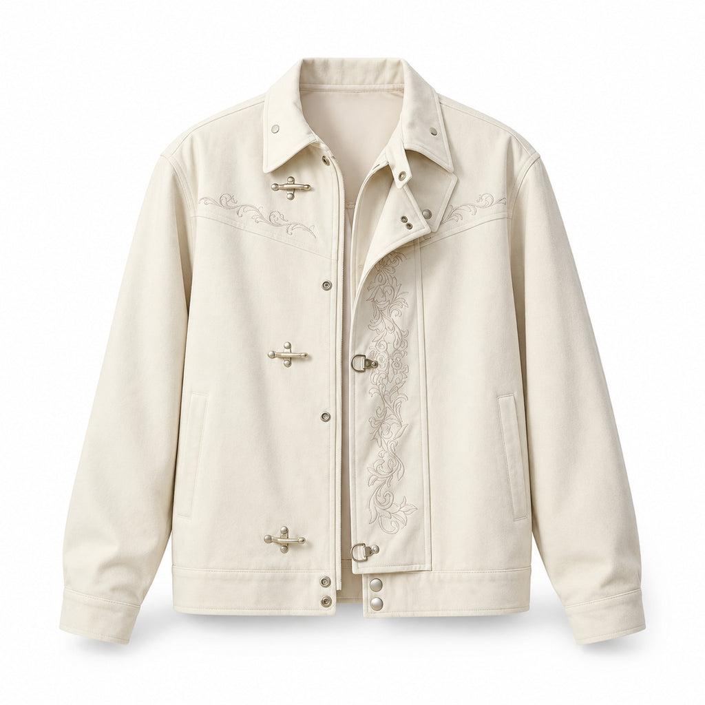 Men's Floral-Embroidered Toggle Jacket in cream - product view