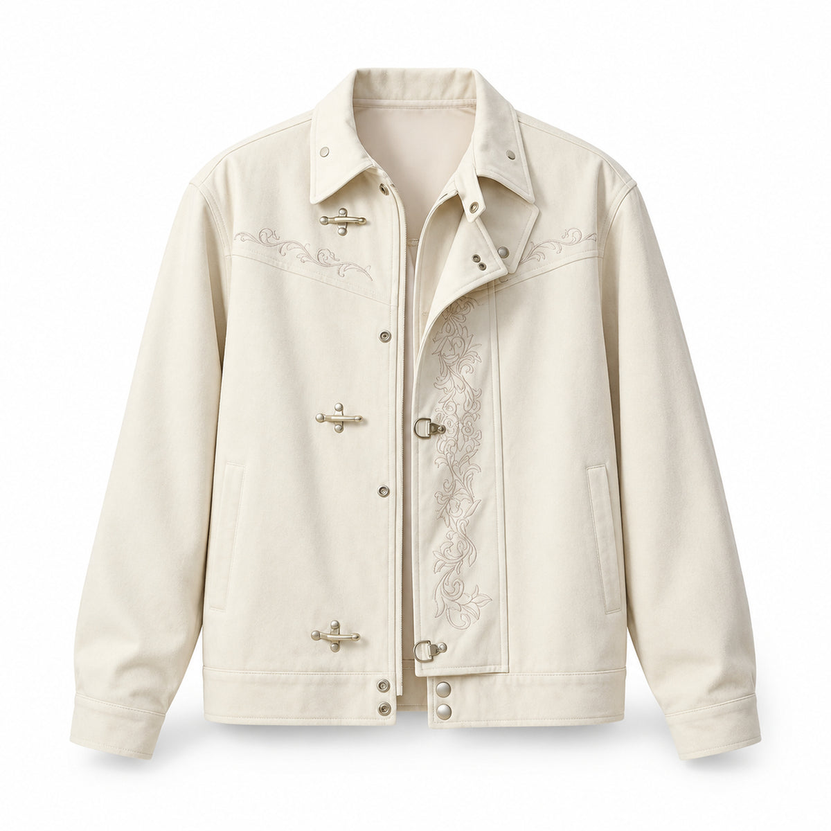 Men's Floral-Embroidered Toggle Jacket in cream - product view