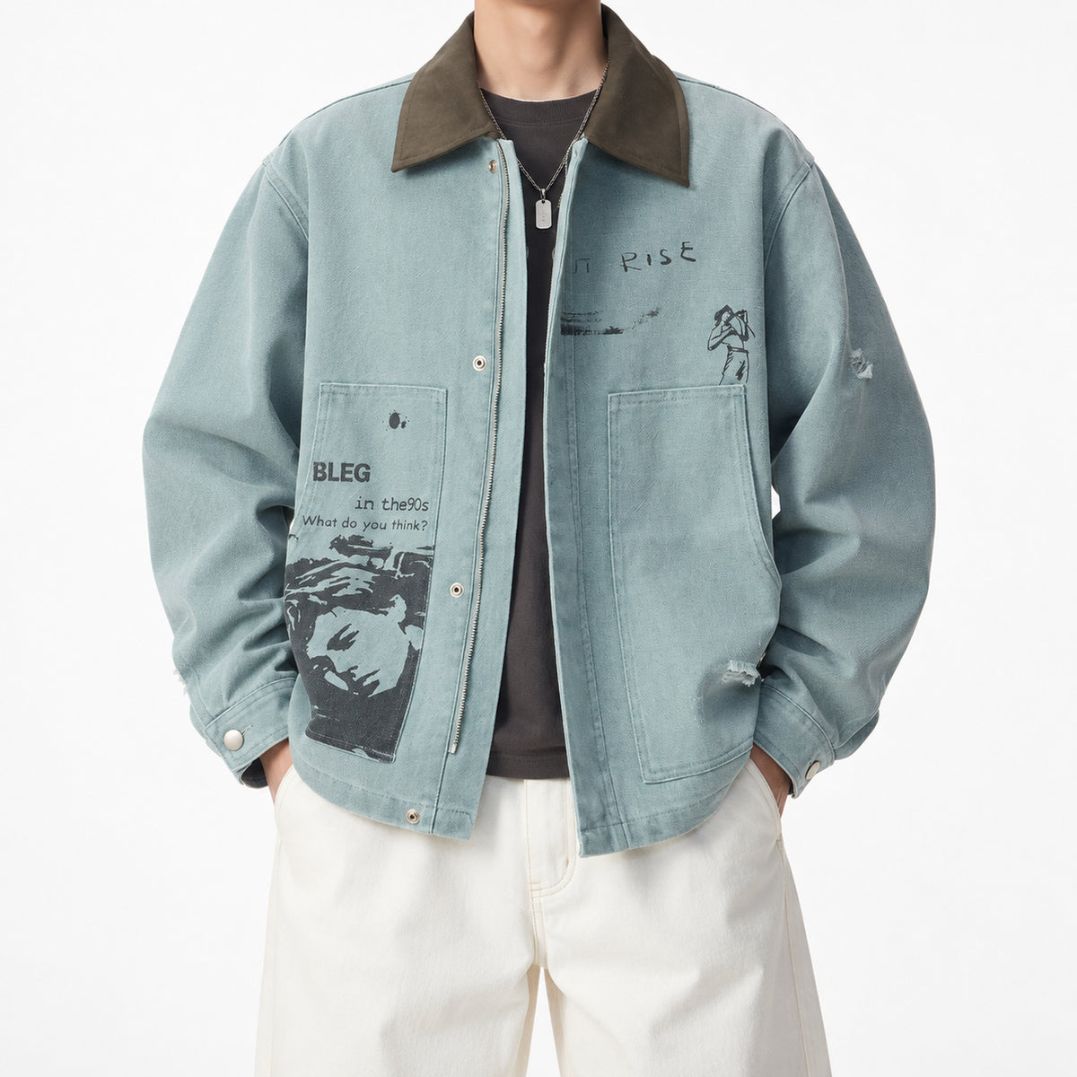 Men's Graphic-Print Light-Wash Denim Jacket in light blue - worn view