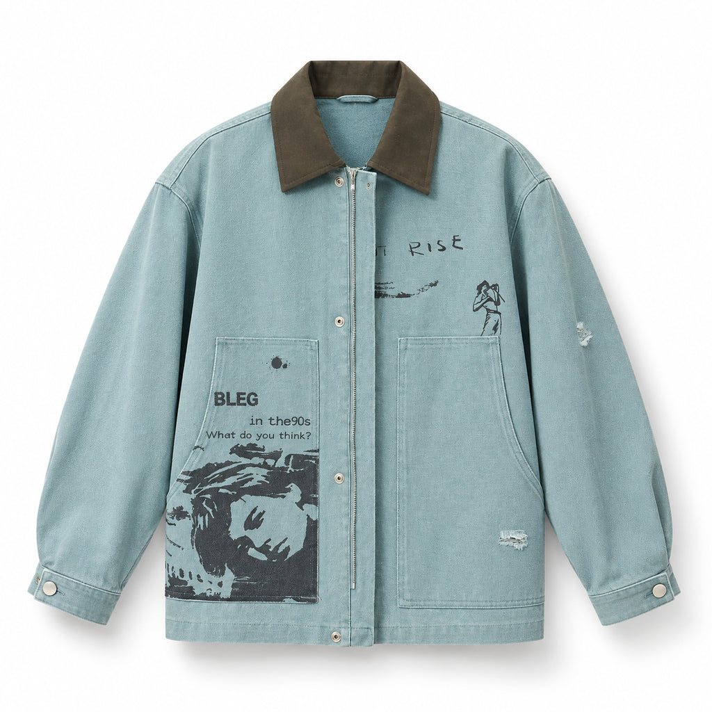 Men's Graphic-Print Light-Wash Denim Jacket in light blue - product view