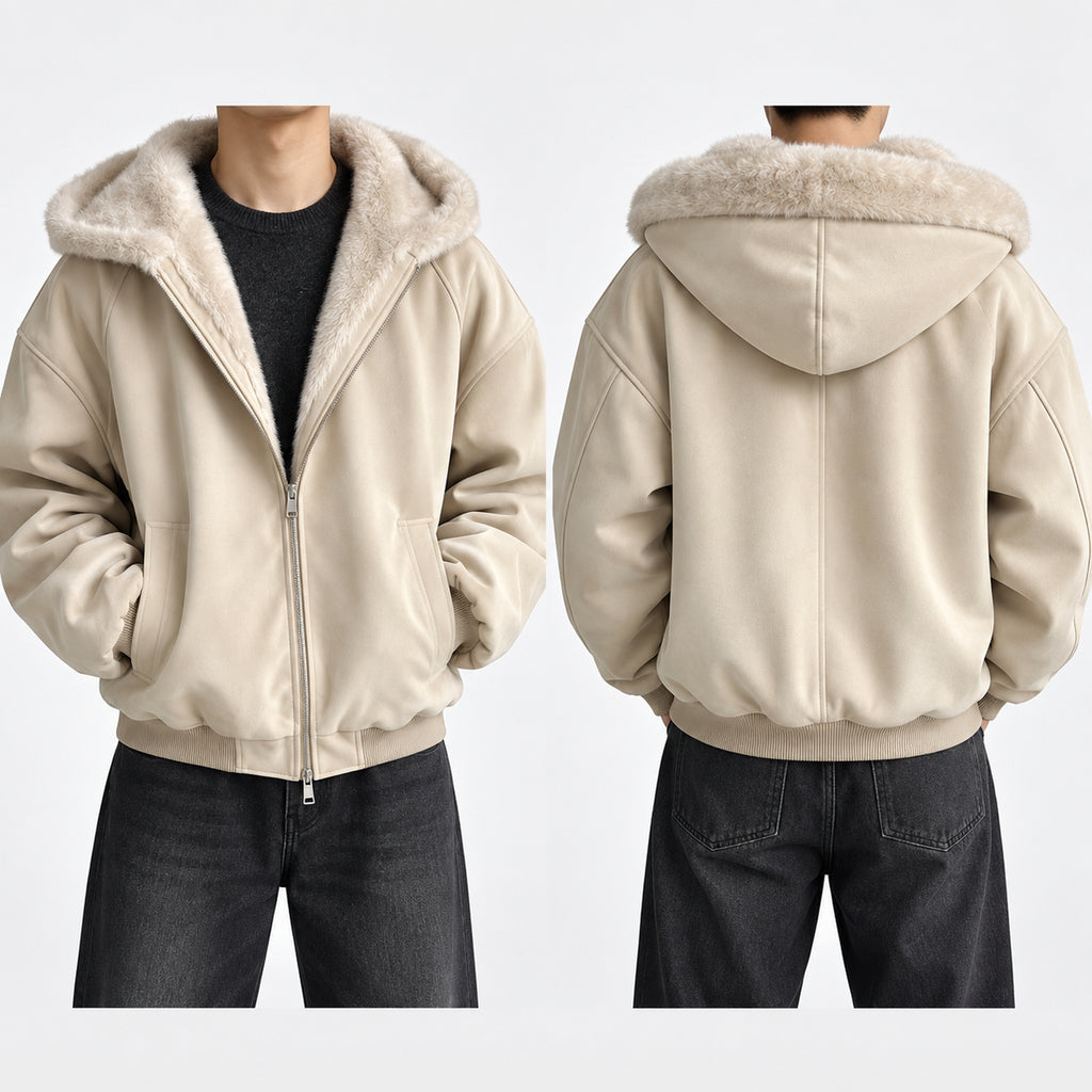 Men's Hooded Faux-Leather Fleece-Lined Jacket in beige - worn view