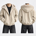 Men's Hooded Faux-Leather Fleece-Lined Jacket in beige - worn view