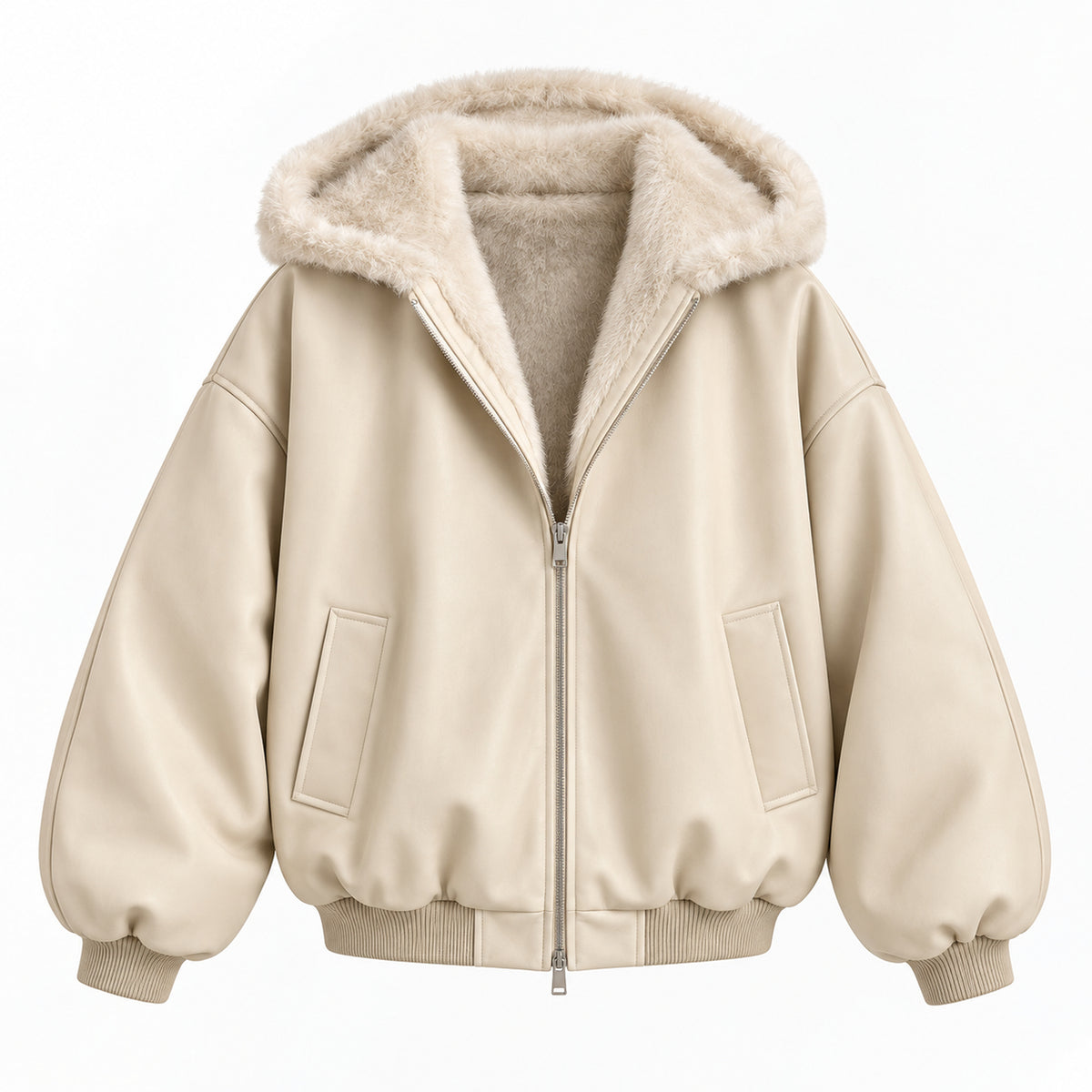 Men's Hooded Faux-Leather Fleece-Lined Jacket in beige - product view