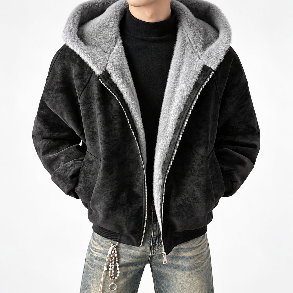 Men's Hooded Faux-Leather Fleece-Lined Jacket in black - worn view