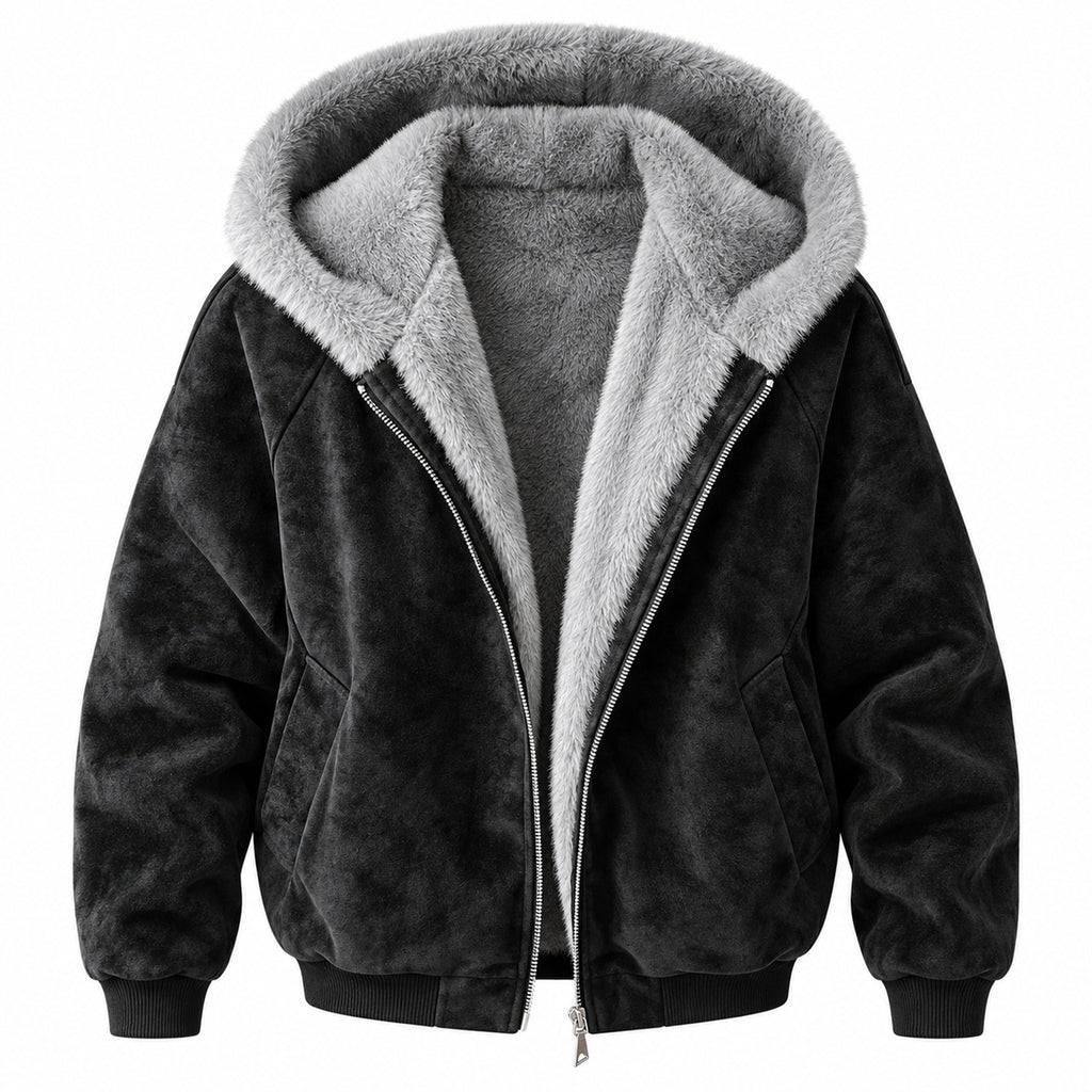 Men's Hooded Faux-Leather Fleece-Lined Jacket in black - product view