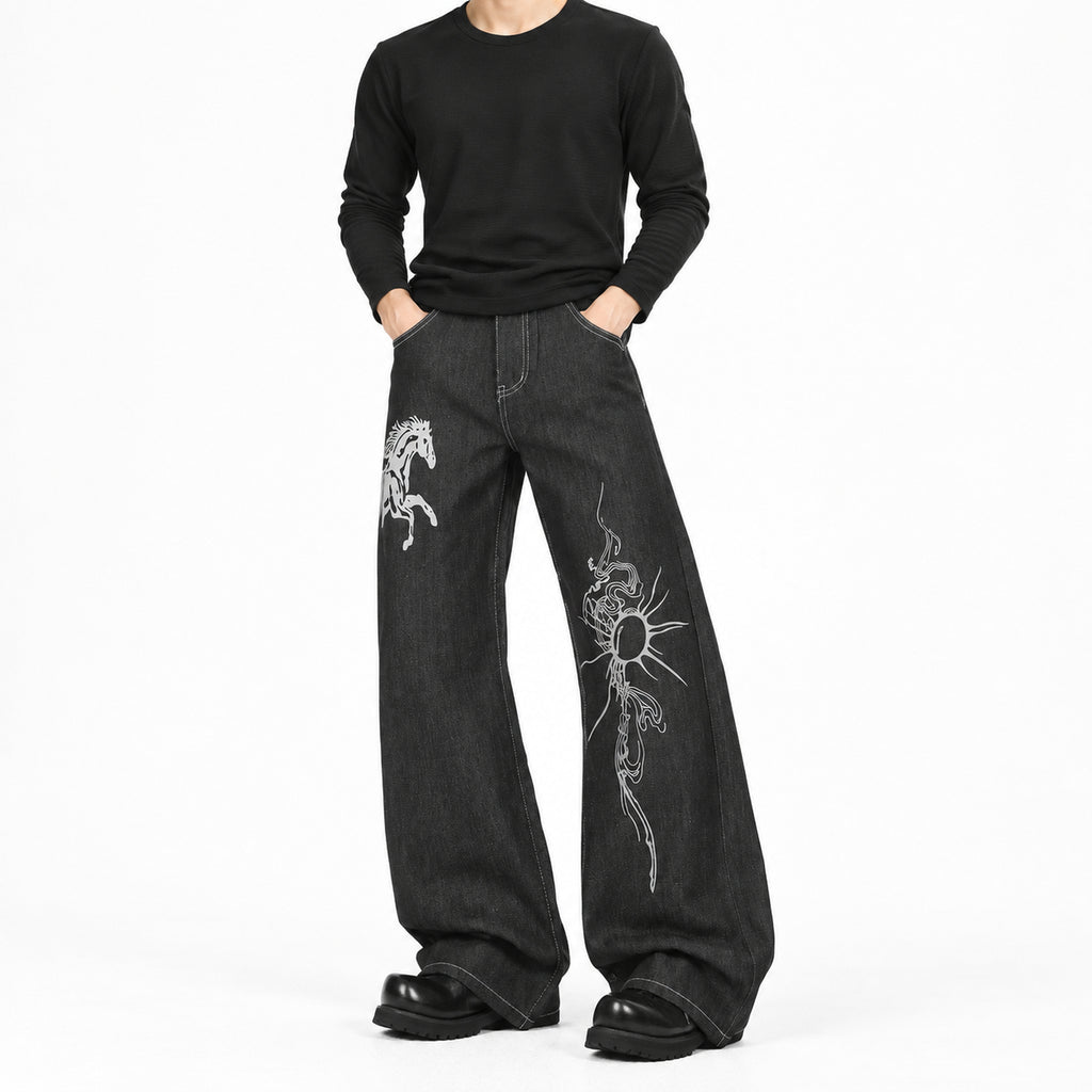 Men's Horse-Print Contrast-Stitch Wide-Leg Jeans in black - worn view