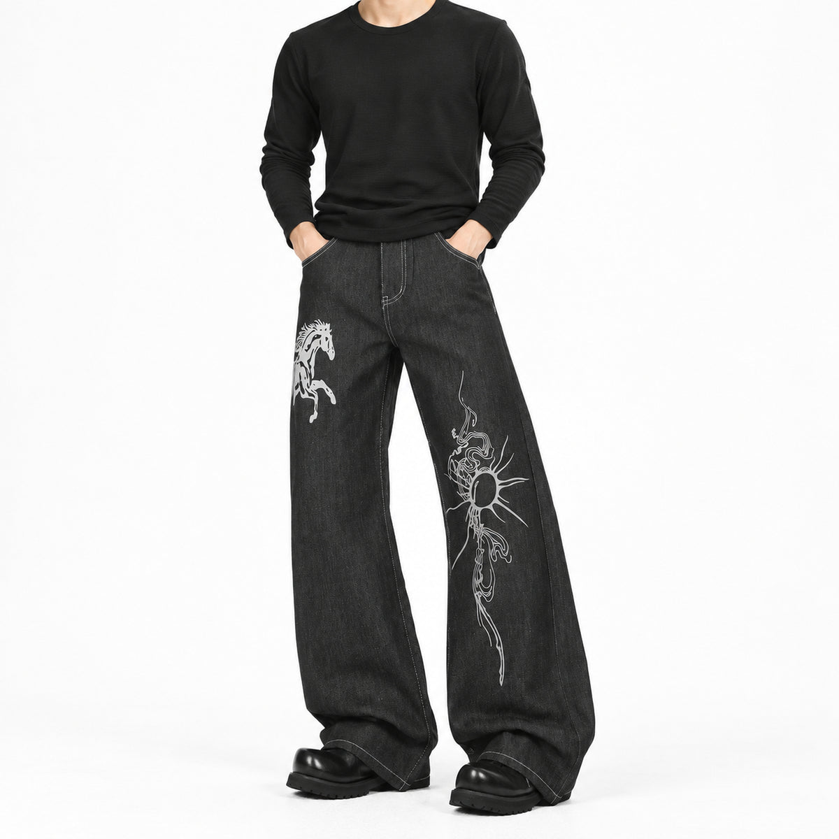Men's Horse-Print Contrast-Stitch Wide-Leg Jeans in black - worn view