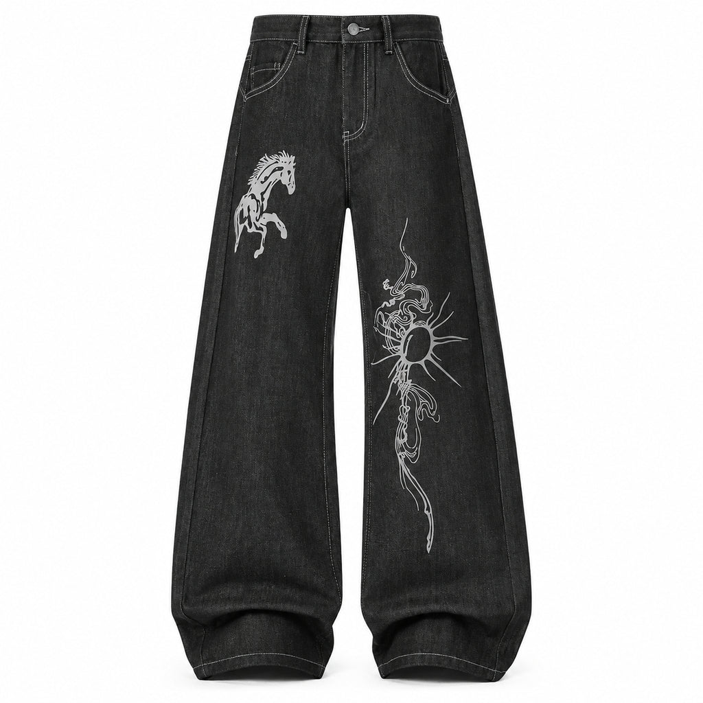 Men's Horse-Print Contrast-Stitch Wide-Leg Jeans in black - product view