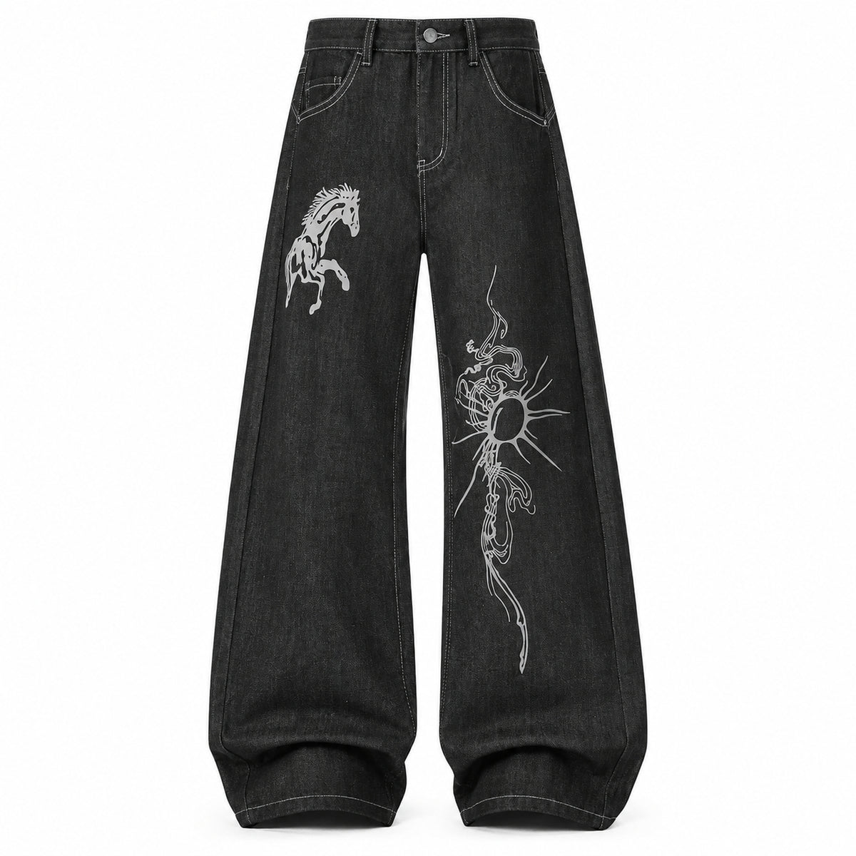 Men's Horse-Print Contrast-Stitch Wide-Leg Jeans in black - product view