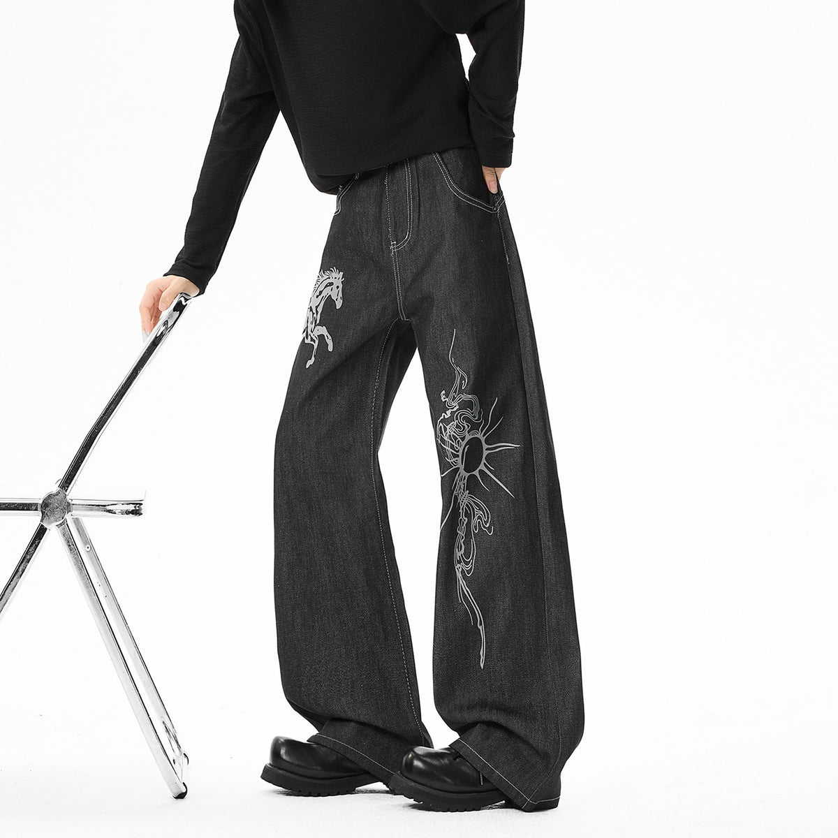 Men's Horse-Print Contrast-Stitch Wide-Leg Jeans - original product reference 2