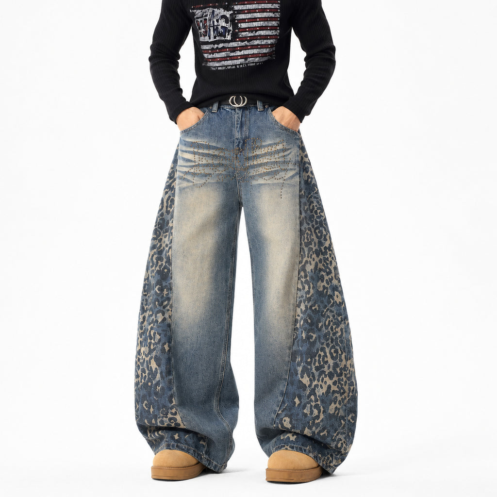 Men's Leopard-Panel Rhinestone Barrel Jeans in blue - worn view