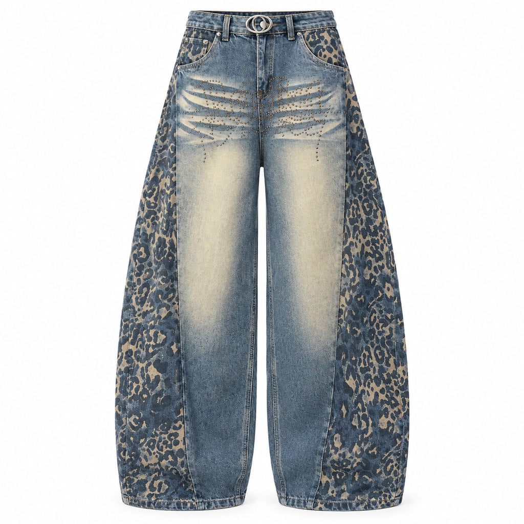 Men's Leopard-Panel Rhinestone Barrel Jeans in blue - product view