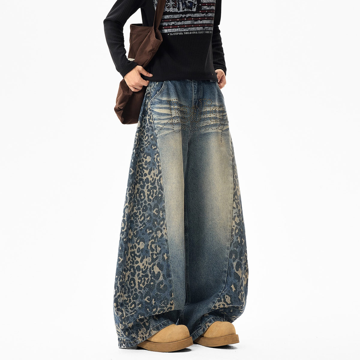 Men's Leopard-Panel Rhinestone Barrel Jeans - original product reference 3