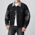 Men's Letter-Embroidered Black Denim Jacket in black - worn view