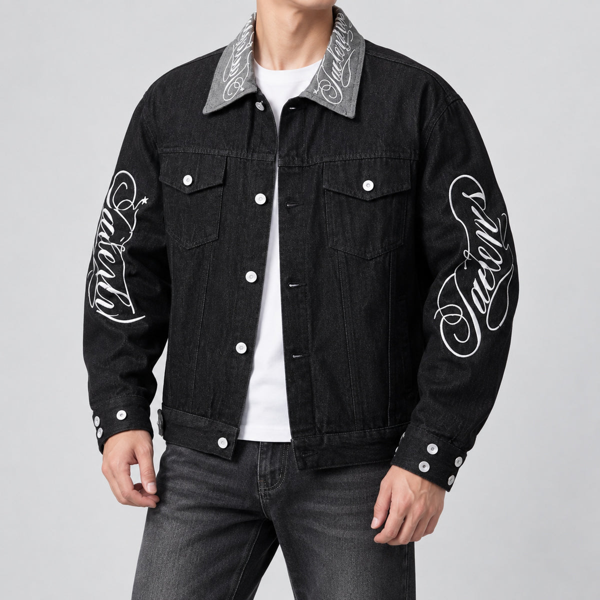 Men's Letter-Embroidered Black Denim Jacket in black - worn view