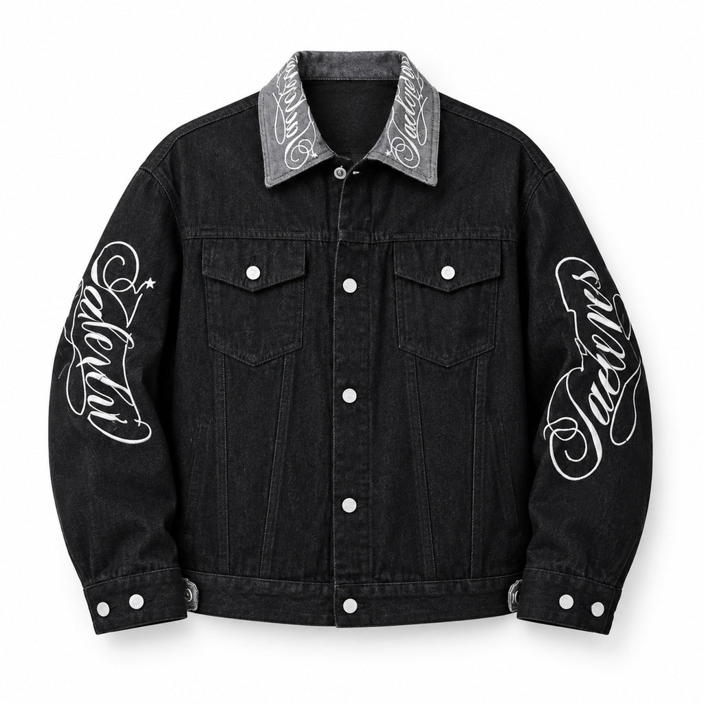 Men's Letter-Embroidered Black Denim Jacket in black - product view