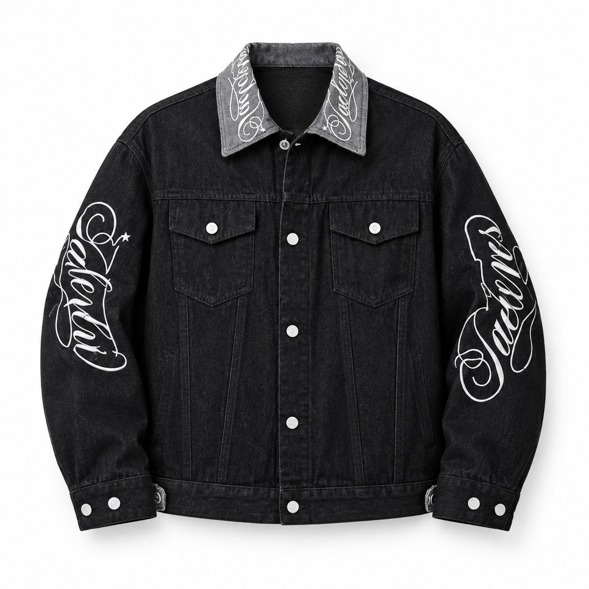 Men's Letter-Embroidered Black Denim Jacket in black - product view