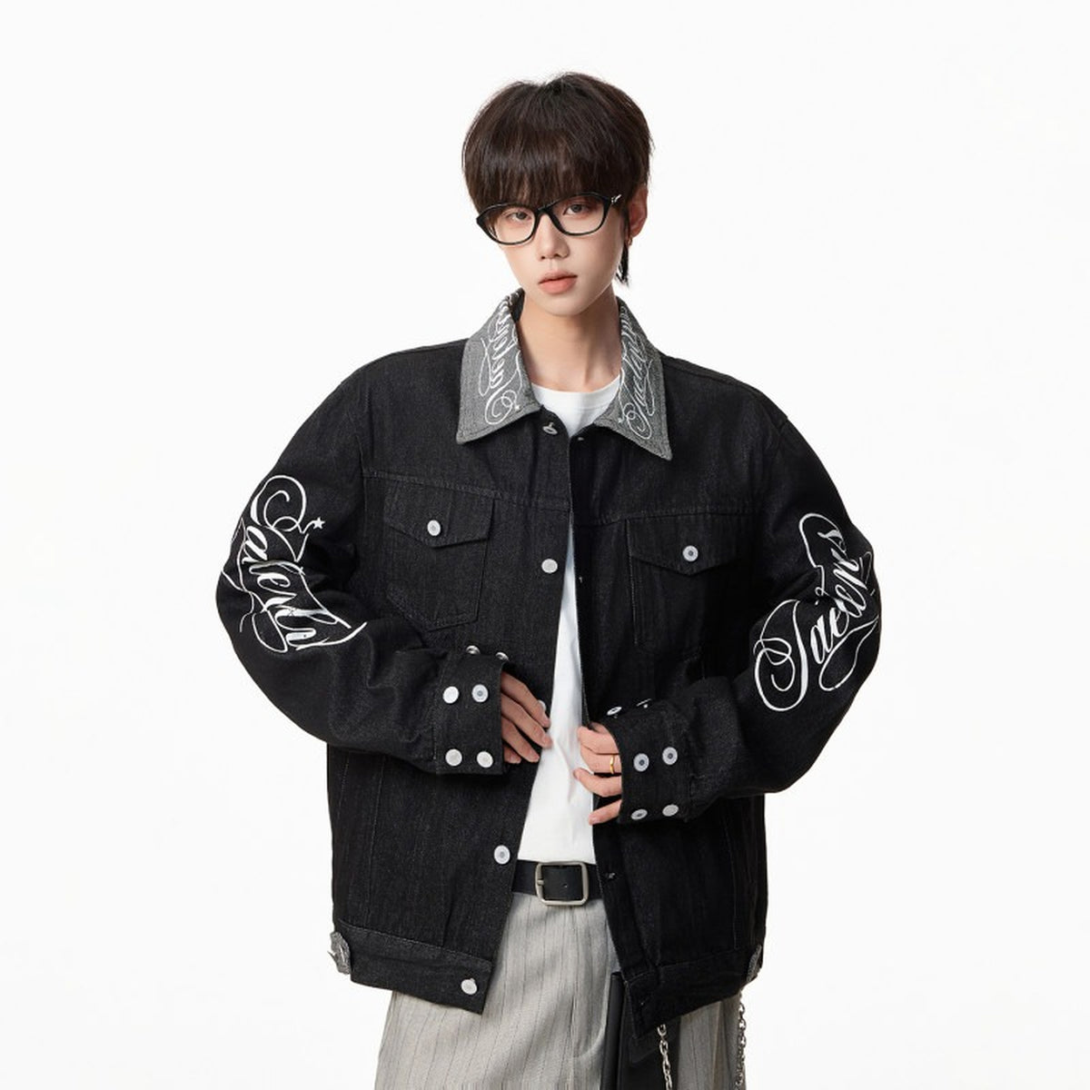 Men's Letter-Embroidered Black Denim Jacket - original product reference 3