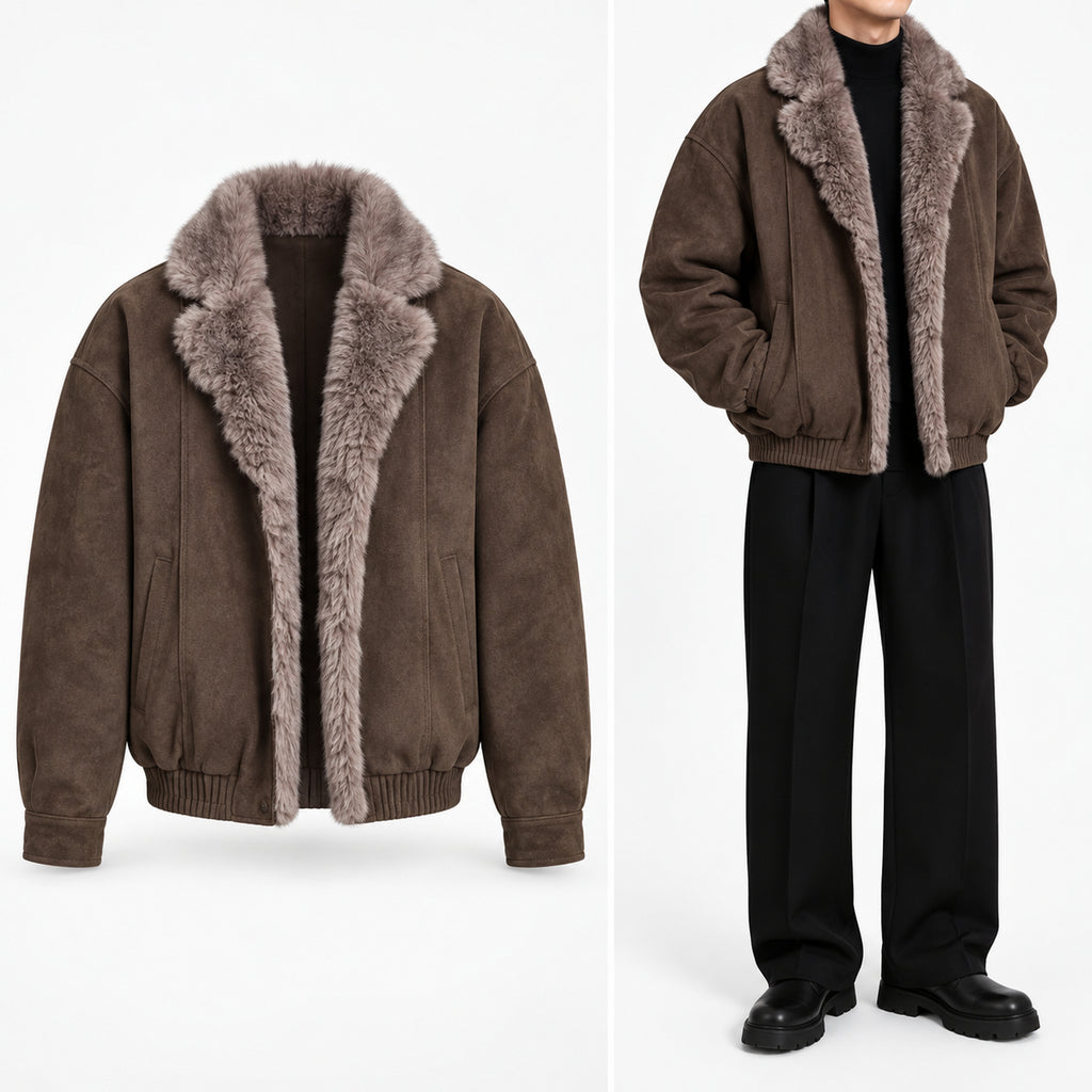 Men's Long-Pile Faux-Fur-Lined Winter Jacket in brown - worn view