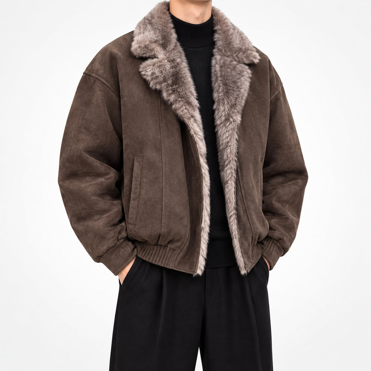 Men's Long-Pile Faux-Fur-Lined Winter Jacket in brown - product view