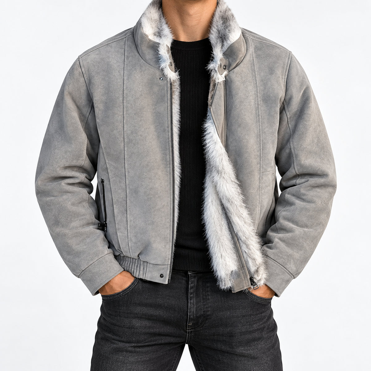 Men's Long-Pile Faux-Fur-Lined Winter Jacket in gray - worn view