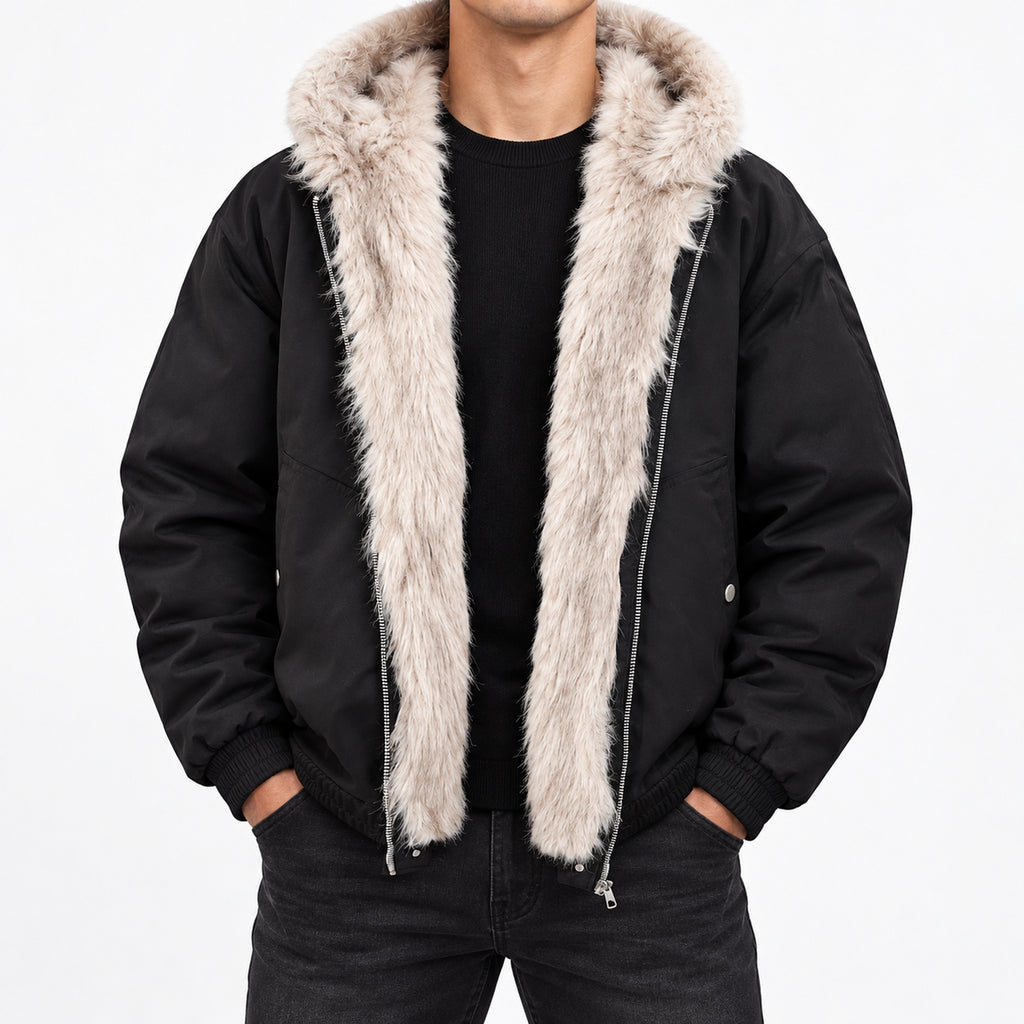 Men's Long-Pile Fleece-Trimmed Hooded Jacket in black - worn view
