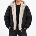 Men's Long-Pile Fleece-Trimmed Hooded Jacket in black - worn view