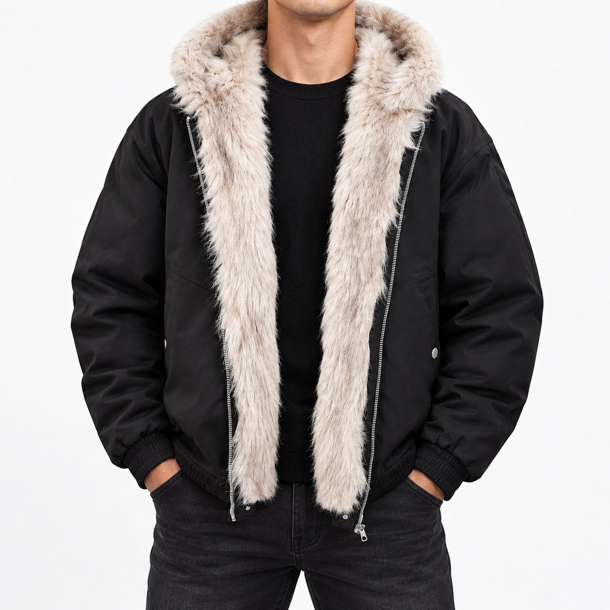 Men's Long-Pile Fleece-Trimmed Hooded Jacket in black - worn view