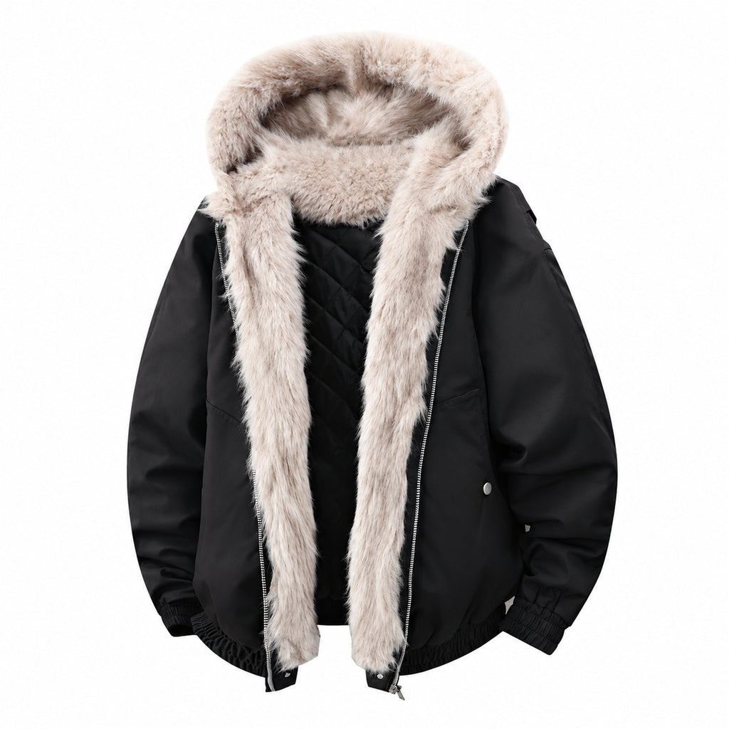 Men's Long-Pile Fleece-Trimmed Hooded Jacket in black - product view