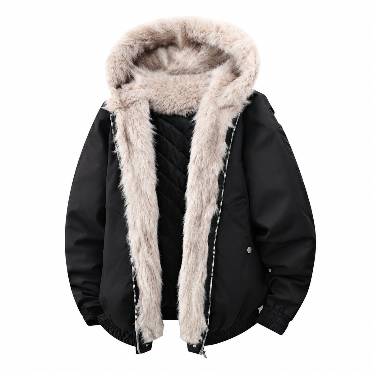 Men's Long-Pile Fleece-Trimmed Hooded Jacket in black - product view