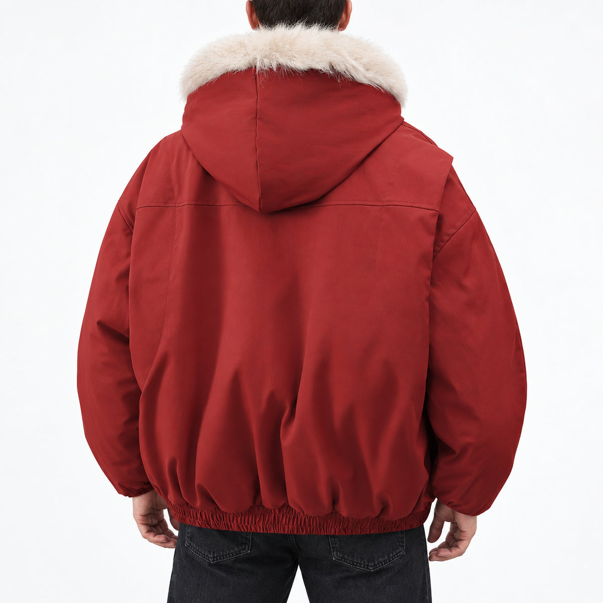 Men's Long-Pile Fleece-Trimmed Hooded Jacket in red - worn view