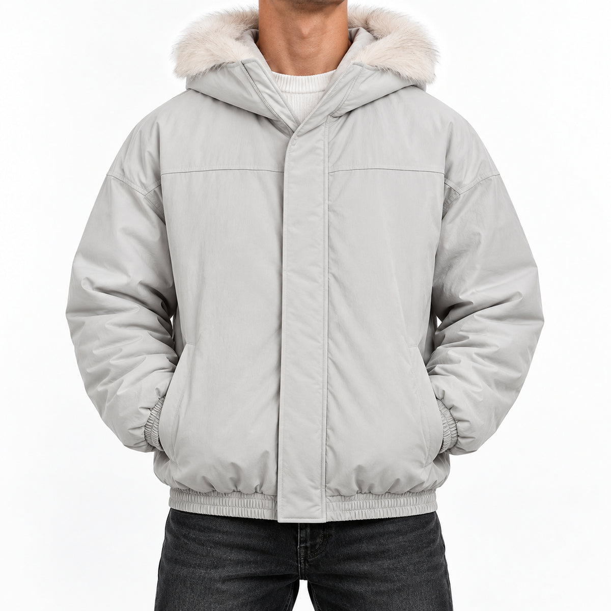 Men's Long-Pile Fleece-Trimmed Hooded Jacket in white - worn view