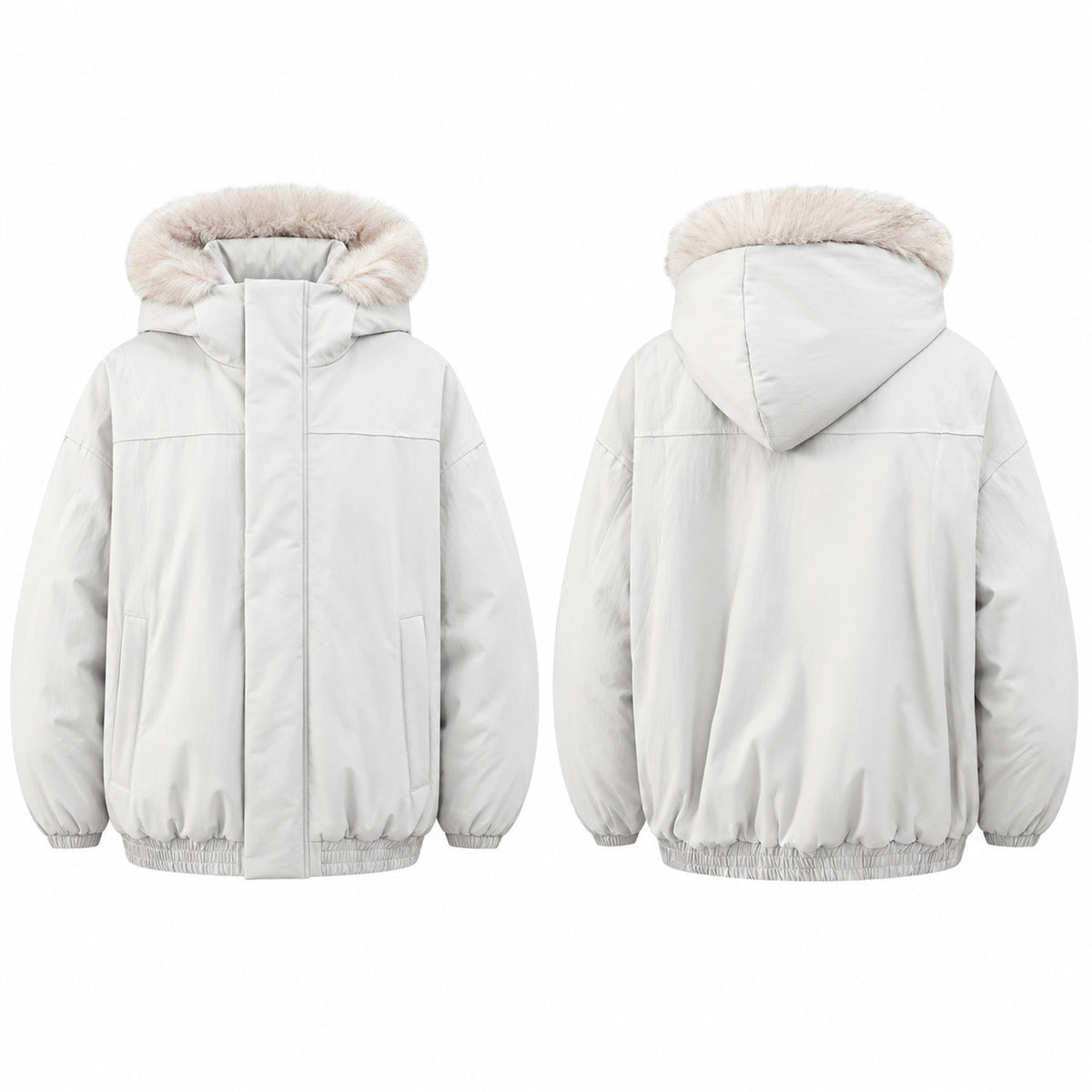 Men's Long-Pile Fleece-Trimmed Hooded Jacket in white - product view