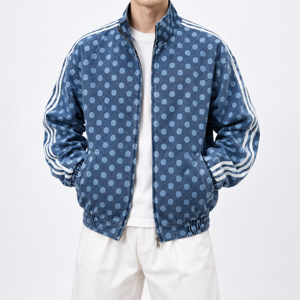 Men's Polka-Dot Side-Stripe Cropped Denim Jacket in blue - worn view